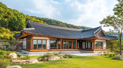Fototapeta premium A beautiful traditional Asian building is surrounded by a green landscape