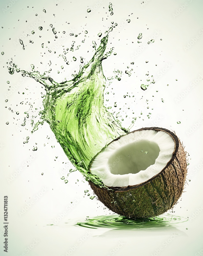 Aufkleber splashing coconut with water and green liquid background creating energetic and refreshing visual ap