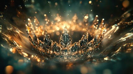 A golden jeweled crown sparkles beautifully in swirling reflective water