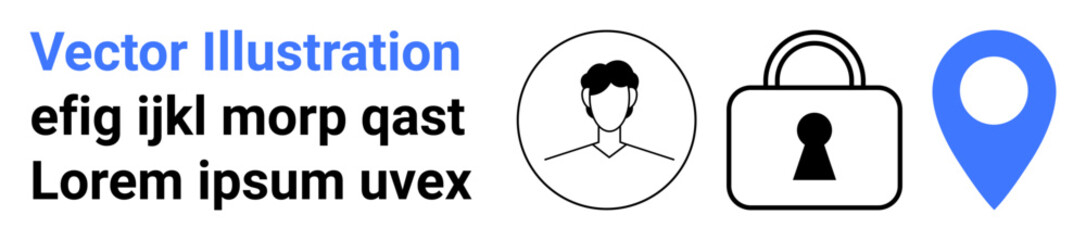 User profile icon, security lock, and location pin represent personal data protection and privacy. Ideal for security apps, user accounts, identity verification, privacy policies, data encryption