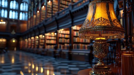 Obraz premium Immerse yourself in the warm glow of knowledge within this cozy corner of a library, a serene haven illuminated by an antique reading lamp casting a soft light upon rows of towering bookshelves The