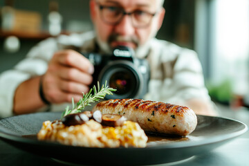 Close-up of a plate with sausage and side dish with a blurred food photographer behind with a camera taking a picture of the plate, in the background a photography studio decor