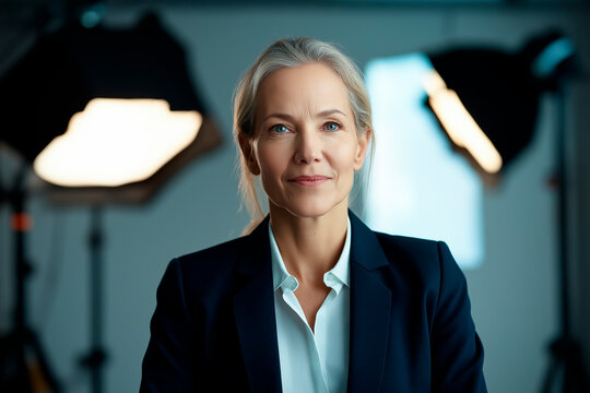 bright portrait of a middle-aged female TV journalist, standing in front of the news camera with the TV studio in the background