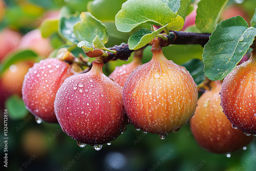 Poster bunch of red apples hanging from a tree. the apples are wet and shiny. concept of freshness and abun