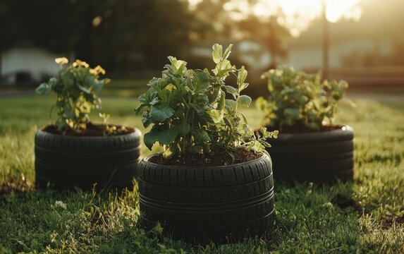 Young Plants Growing in Repurposed Tires at Sunset