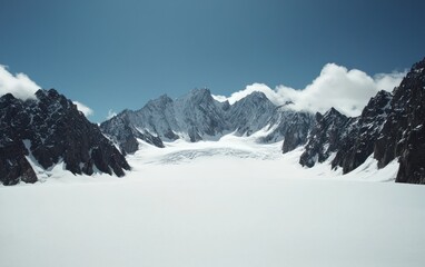 Naklejka premium Snow Covered Glacier and Dark Mountains Under a Clear Blue Sky