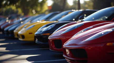 Fototapeta premium Row of Cars in a Parking Lot with a Standout Bright Red Vehicle – High-Resolution Automotive Photography for Advertising and Sales Promotion