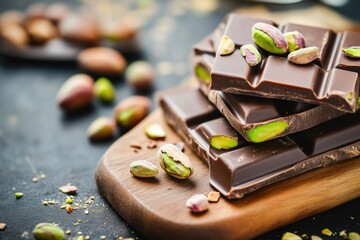 Heavenly Chocolate Bar with Pistachio Filling on Wooden Board