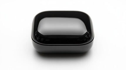 Sleek black wireless earbuds case, isolated on white background