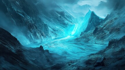 A majestic mountain range featuring a glowing icy waterfall scene