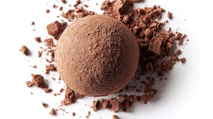 Top-down view of a chocolate truffle with cocoa dusting, isolated on white background