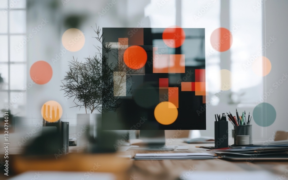 Poster abstract geometric design on computer screen with bokeh