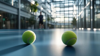 Two vibrant tennis balls are highlighted on a padel court while players engage in a match with a blurred cityview backdrop