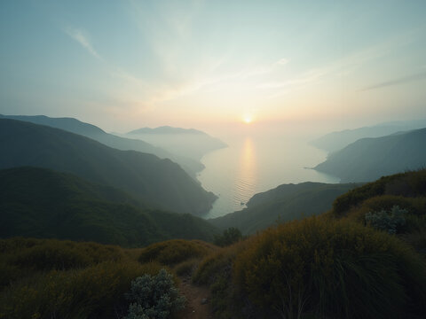 Sunrise over breathtaking coastal landscape with misty mountains and serene ocean horizon