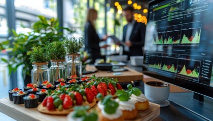 Visualize Success Capturing a dynamic business team attending a virtual strategy meeting, screens displaying reports and graphs that inform their data-driven decisions This modern workspace promotes