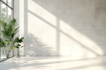 Blank canvas on tiled wall in modern empty room with light tiles 3D Rendering