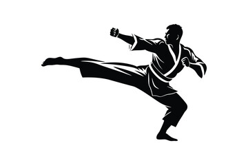 Silhouette of a Karate fighter in high kick pose vector art illustration.eps