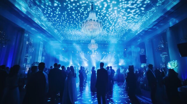 People socializing and celebrating at a fancy blue lit event