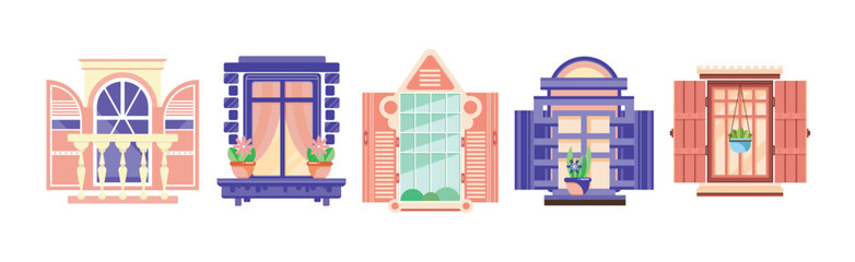 Colorful Open Window with Shutters and Houseplant Vector Set