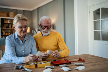 Happy senior couple viewing old photos at home