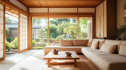 A cozy interior with large windows and garden view provides comfort