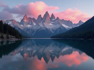 Majestic mountain range reflects in calm lake under colorful twilight sky with vibrant clouds