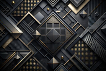 Obraz premium Intricate Geometric Patterns in Black and Gold, Modern Abstract Design with Layers, Shapes, and Textures for Contemporary Background Use