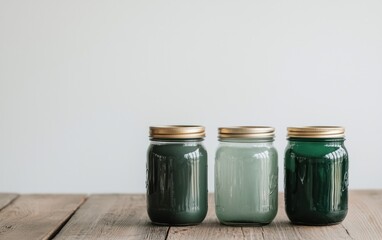 Three Green Glass Jars with Gold Lids on Rustic Wood