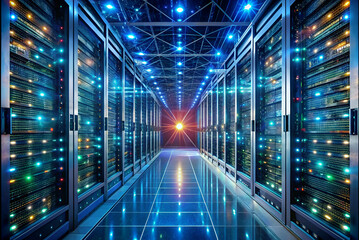 Fototapeta premium Futuristic Data Center Interior with Illuminated Server Racks and High-Tech Equipment in a Modern Digital Environment