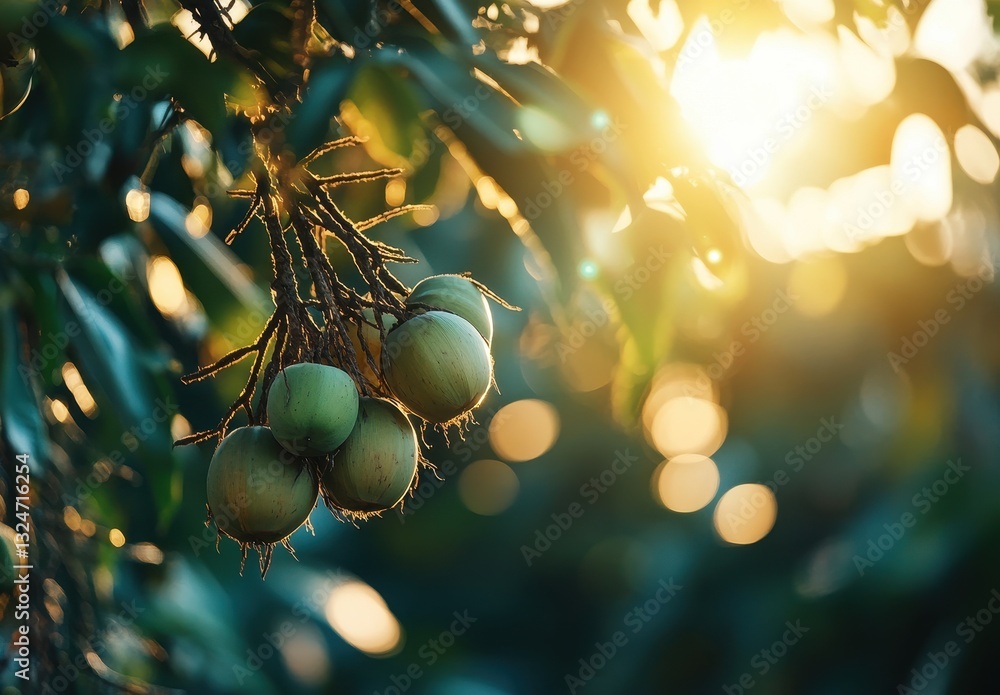 Poster sunlit fruits hanging on branches surrounded by lush greenery and soft bokeh effect in warm natural 