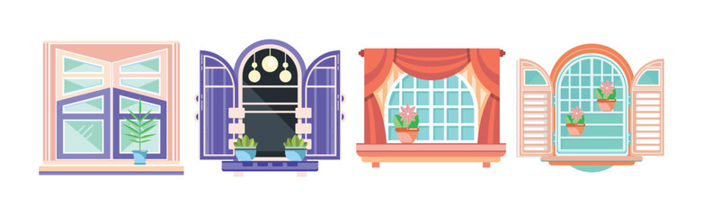 Fototapeta premium Colorful Open Window with Shutters and Houseplant Vector Set