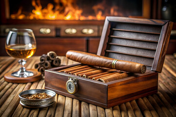 Elegant Cigar Box with Assorted Cigars, Whiskey Glass and Ash Tray on Wooden Table Near Warm Fireplace, Vintage Lifestyle Still Life Photography