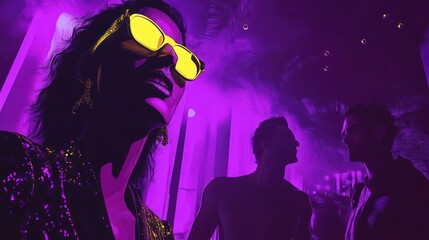 An artistic rendering portrays a nightclub scene in vibrant purple lighting