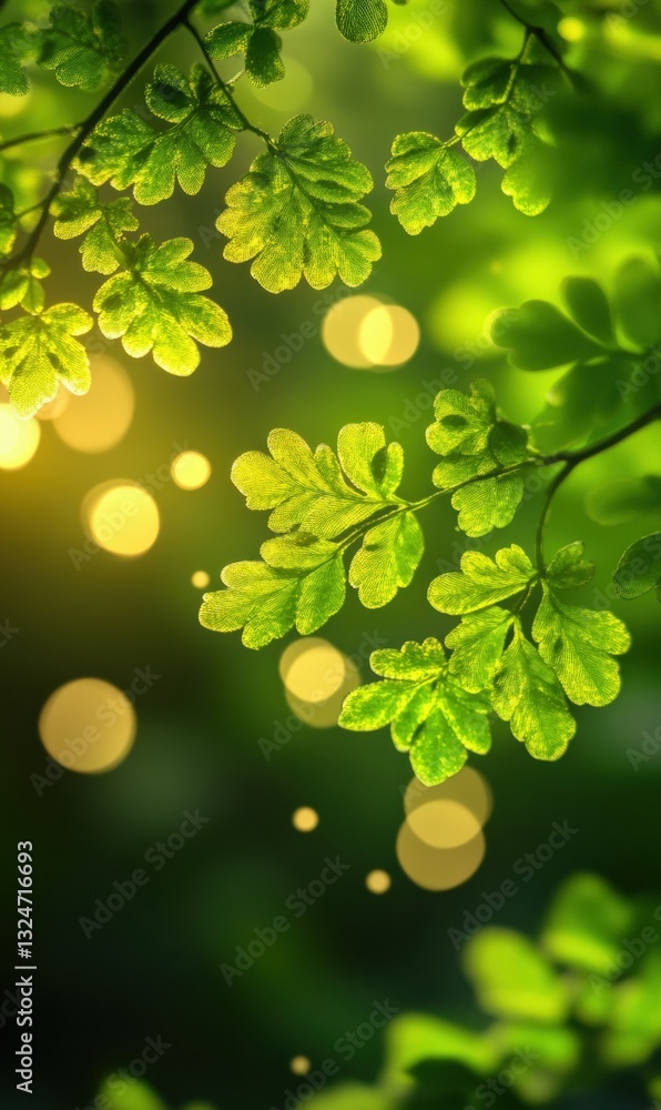 Poster Sunlight filtering through vibrant green fern leaves creating dreamy bokeh effect