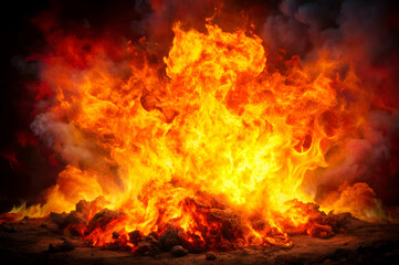 Intense Flame Eruption with Colorful Smoke and Glowing Ashes Creating a Dramatic Background for Fire and Heat Themes in Visual Media