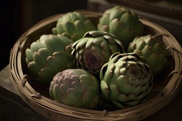 Obraz premium Artichokes in a Wicker Basket: A Still Life of Fresh Produce