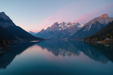 Reflections of mountains at sunrise on tranquil lake with clear sky and soft colors in alpine landscape