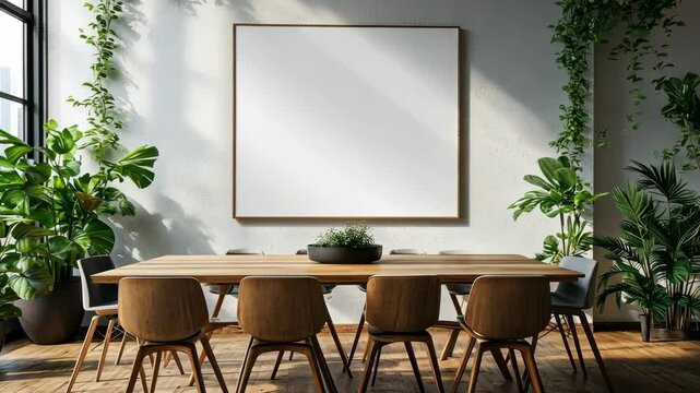 Sunlit modern dining room with greenery and large wall art