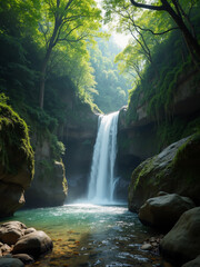 Majestic waterfall cascading down rocky cliffs surrounded by lush greenery under soft morning light