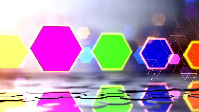 Colorful hexagonal shapes reflecting on a wet surface with a blurred background, showcasing vibrant design