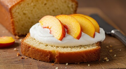 Serving of Creamy Cake with Peach Slices on Rustic Wooden Board