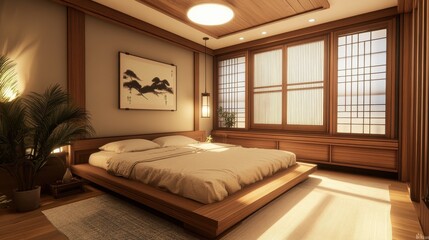 A serene and minimalist bedroom with wood furnishings and light