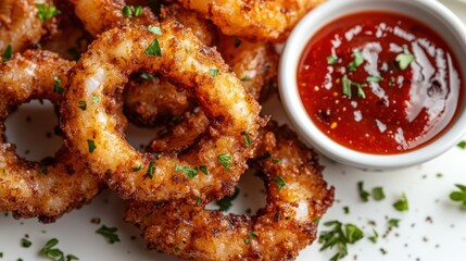 Top-down view of a crispy calamari ring with dipping sauce, isolated on white background