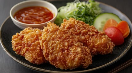 Fototapeta premium Crispy Fried Chicken Pieces with Dipping Sauce and Side Salad on Dark Plate