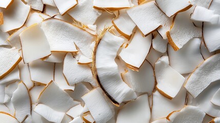 Close-up of a pile of small, irregularly shaped pieces of white coconut. the pieces are arranged in a random, overlapping manner, with some overlapping each other.