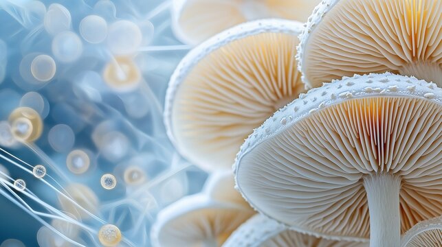 Close-up of a group of white mushrooms with orange caps. the mushrooms are arranged in a cluster, with some overlapping each other.