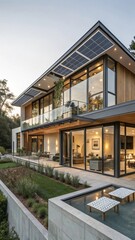 Modern Multi-Level Hillside House: Wood & Glass Design, Panoramic Valley/City Views, Twilight/Dawn Setting, Luxurious Living with Scenic Landscape.