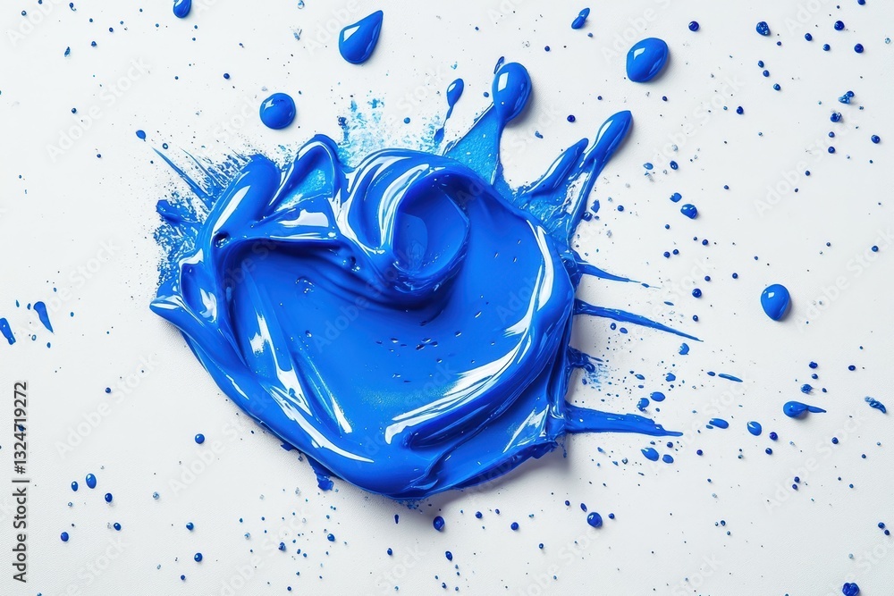 Poster blue liquid splashes create artistic patterns on a light surface, the blue liquid spreads in large d