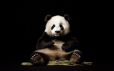 Obraz premium Adorable Panda Bear Amidst Bamboo Shoots on Black Background