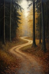 Fototapeta premium Artistic oil painting rendition of a forest at a crossroads in autumn with two paths and a grassy appearance